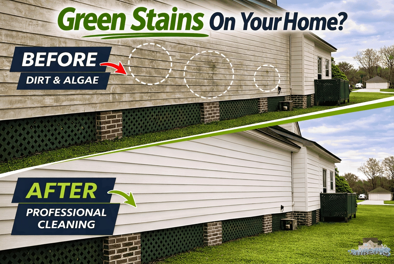 Before and after house soft washing showing dirt and algae removal